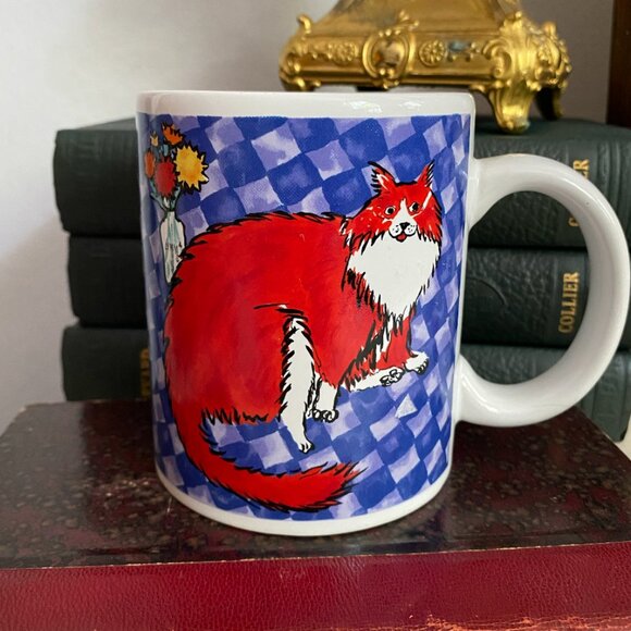 Vintage Fluffy Red Orange White Cat Flowers in Vase Painting Mug 80s 90s - Picture 4 of 4